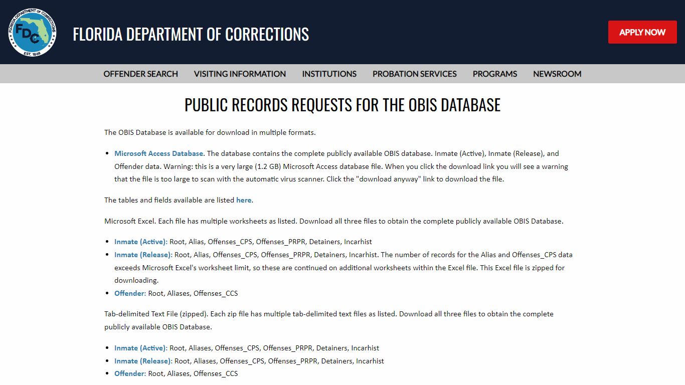 Florida Department of Corrections - OBIS Public Records Requests